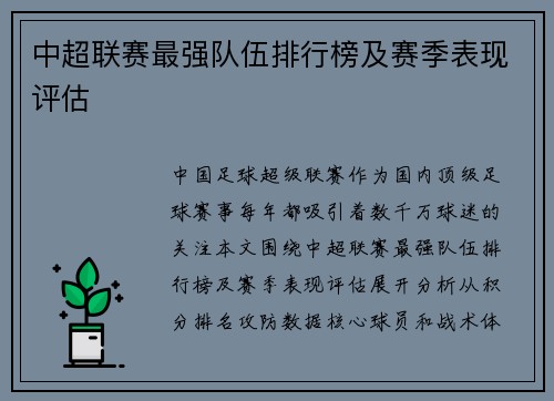 中超联赛最强队伍排行榜及赛季表现评估