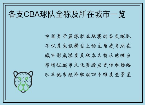 各支CBA球队全称及所在城市一览
